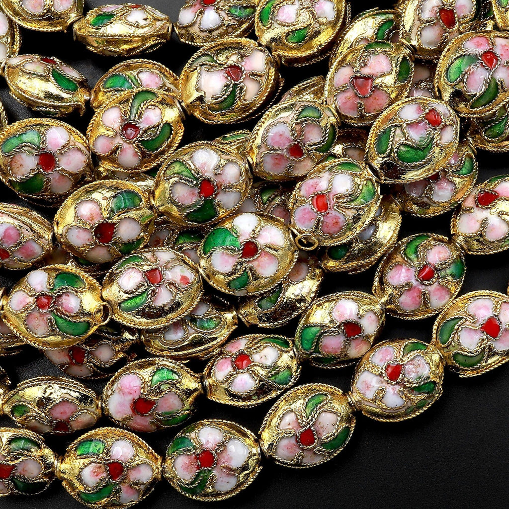 Pink Green Gold Cloisonné 12mm Beads Oval Decorative Floral Enamel 15.5" Strand