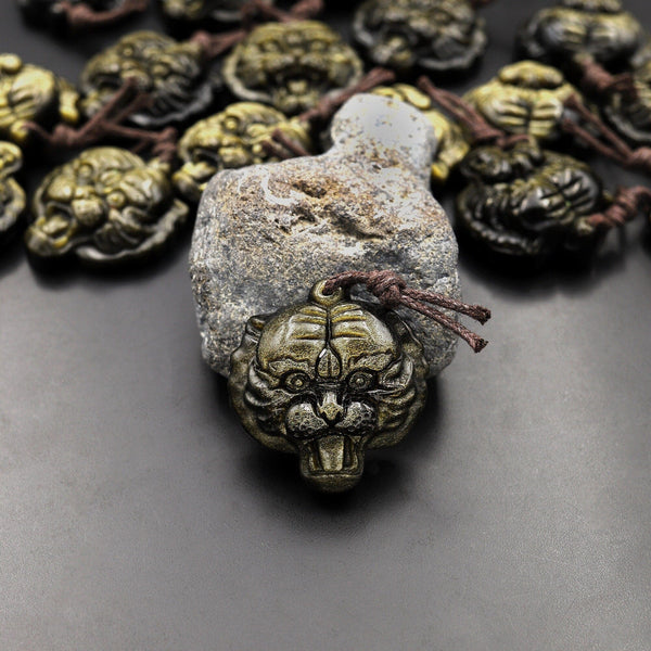 AAA Hand Carved Natural Golden Obsidian Tiger Head Pendant Gemstone Focal Bead