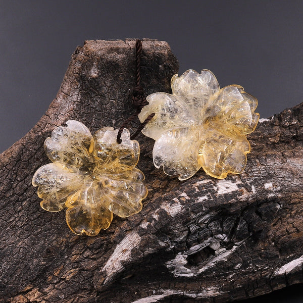 Hand Carved Natural Citrine Flower Earring Pair Drilled Gemstone Matched Beads