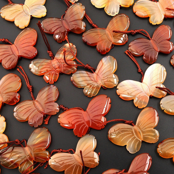 Hand Carved Natural Carnelian Butterfly Pendant Vertically Drilled Gemstone Bead