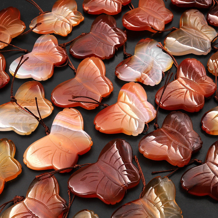 Hand Carved Natural Carnelian Butterfly Pendant Vertically Drilled Gemstone Bead One of a Kind