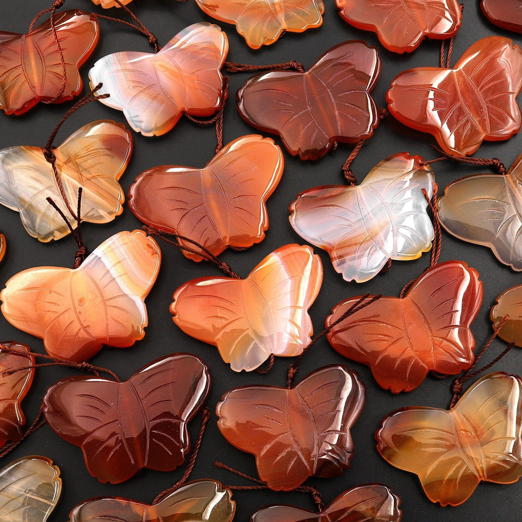 Hand Carved Natural Carnelian Butterfly Pendant Vertically Drilled Gemstone Bead One of a Kind