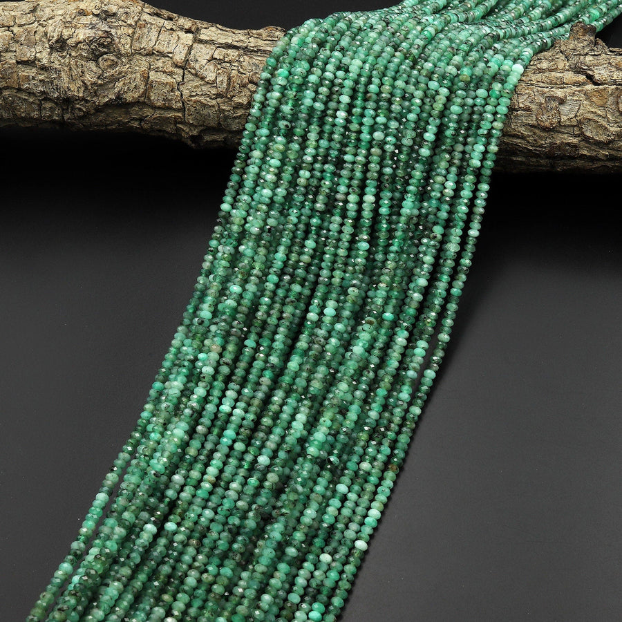 AA Genuine Natural Green Emerald Gemstone Faceted 3mm Rondelle Beads 15.5" Strand
