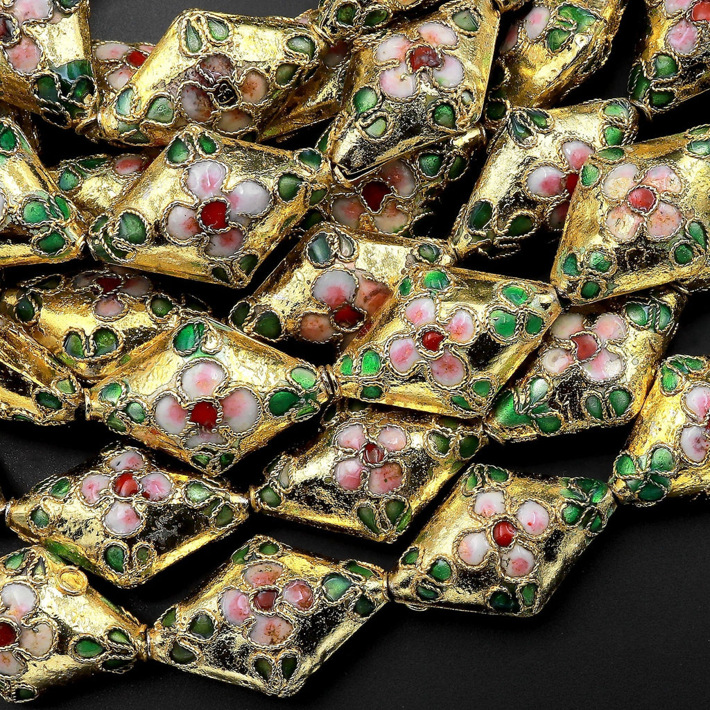 Hand Made Gold Cloisonné Diamond Bead 20mm Decorative Floral Enamel 15.5" Strand