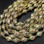 Hand Made Gold Cloisonné Diamond Bead 20mm Decorative Floral Enamel 15.5" Strand