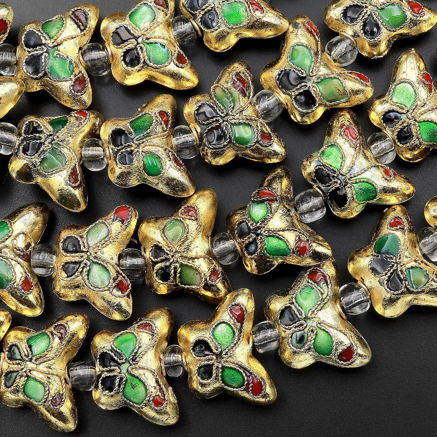 Gold Red Black Green Butterfly Cloisonné Beads Decorative Enamel 15.5" Strand