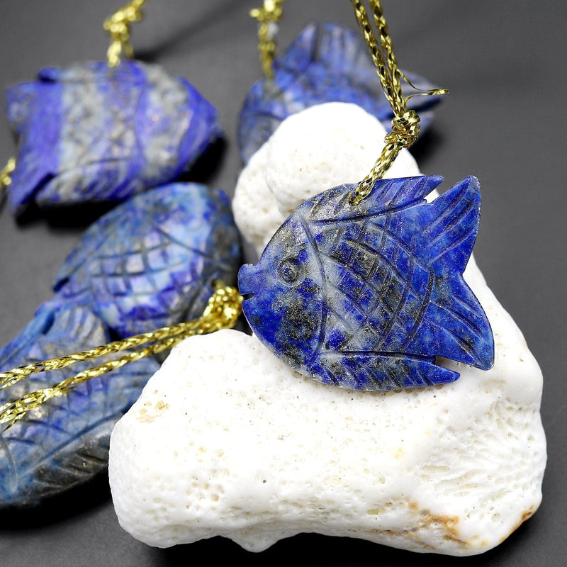 Hand Carved Natural Blue Lapis Fish Pendant Gemstone Focal Bead