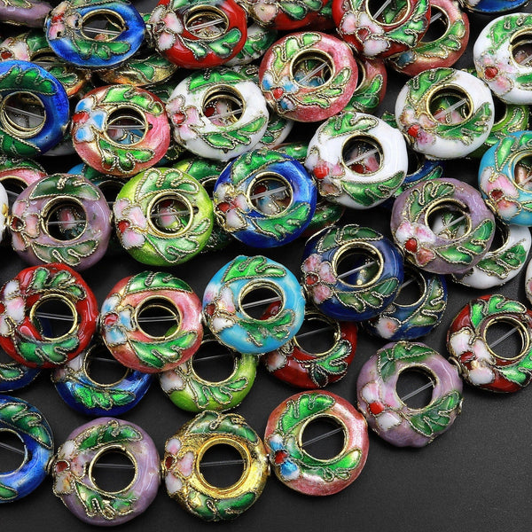 Hand Made Cloisonné Donut Beads 15mm Decorative Floral Enamel 15.5" Strand