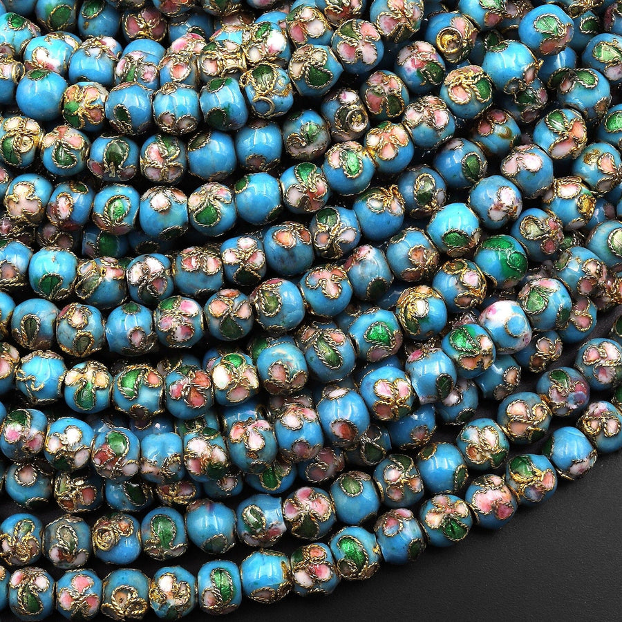 Hand Made Blue Cloisonné 6mm Round Beads Decorative Floral Enamel 15.5" Strand