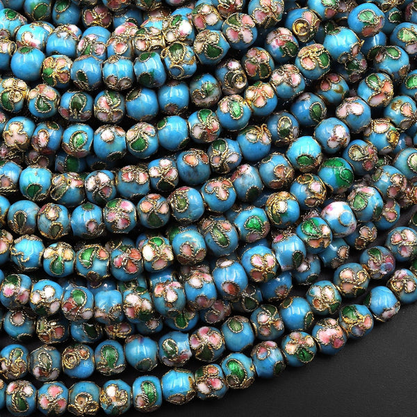 Hand Made Blue Cloisonné 6mm Round Beads Decorative Floral Enamel 15.5" Strand