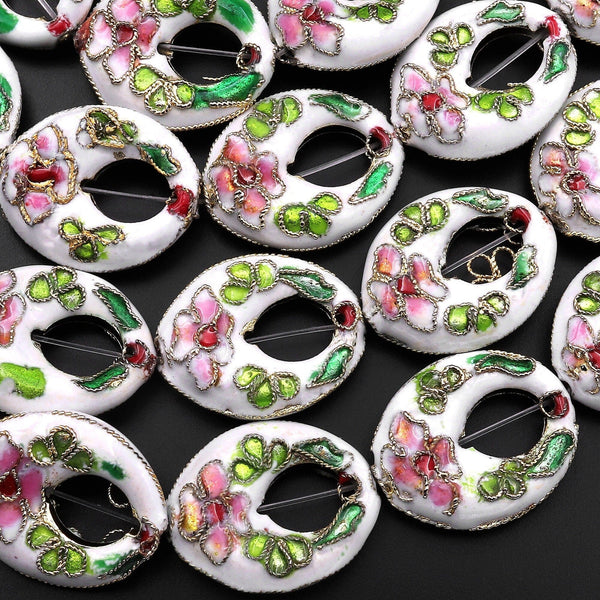 Hand Made Cloisonné Oval Donut Beads 20mm Decorative Floral Enamel 15.5" Strand