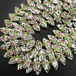 White Pink Green Fan Cloisonné Beads Decorative Floral Enamel 15.5" Strand
