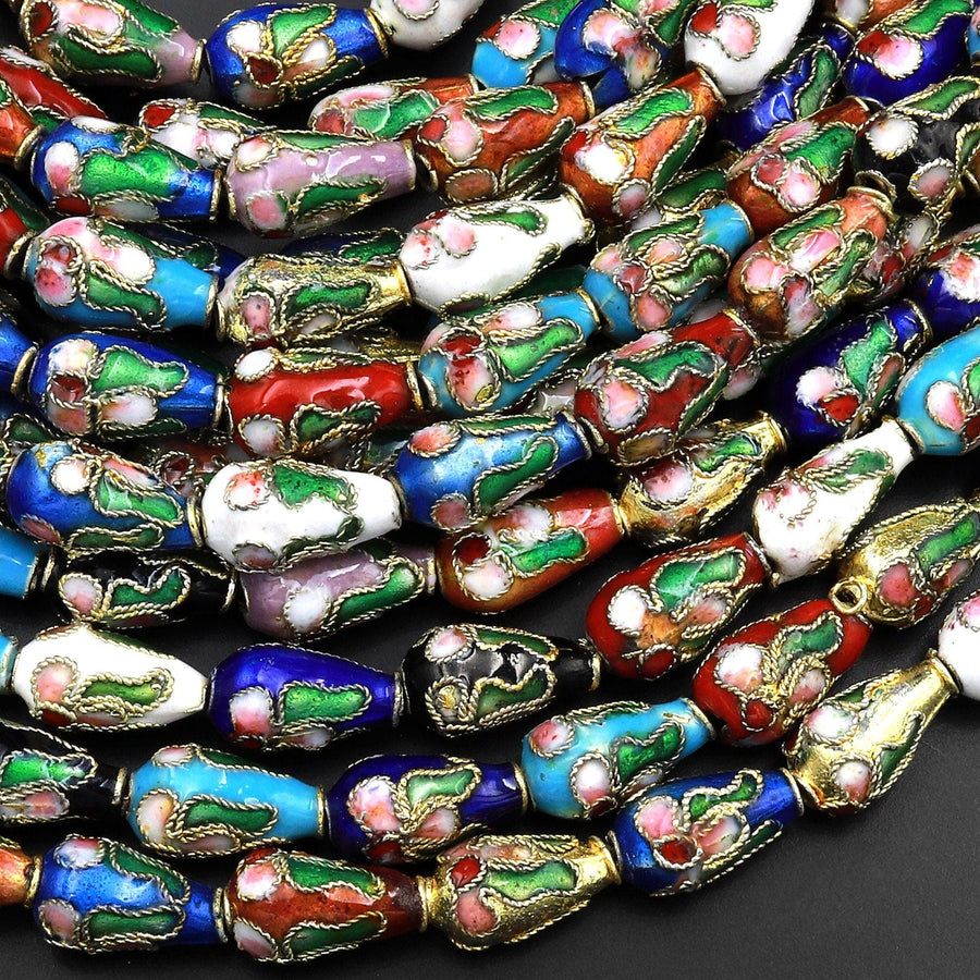 Cloisonné Teardrop Briolette Beads Decorative Floral Enamel 15.5" Strand