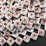 White Pink Cloisonné Diamond Beads 12mm Decorative Floral Enamel 15.5" Strand