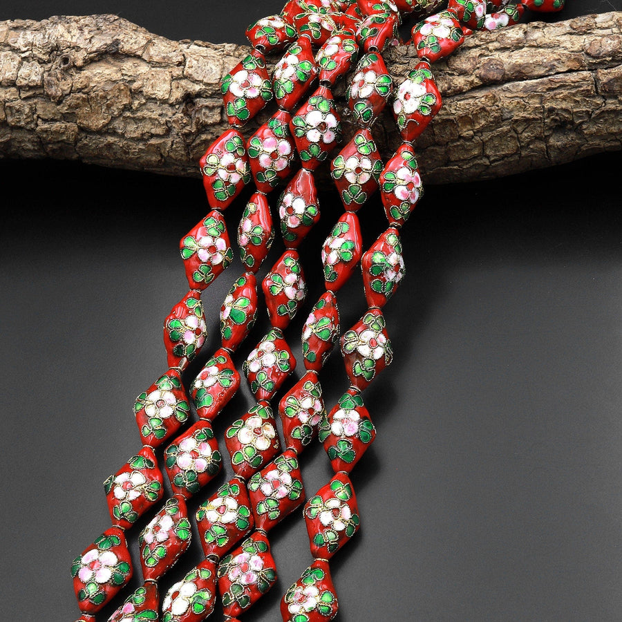 Hand Made Red Cloisonné Diamond Bead 20mm Decorative Floral 15.5" Strand