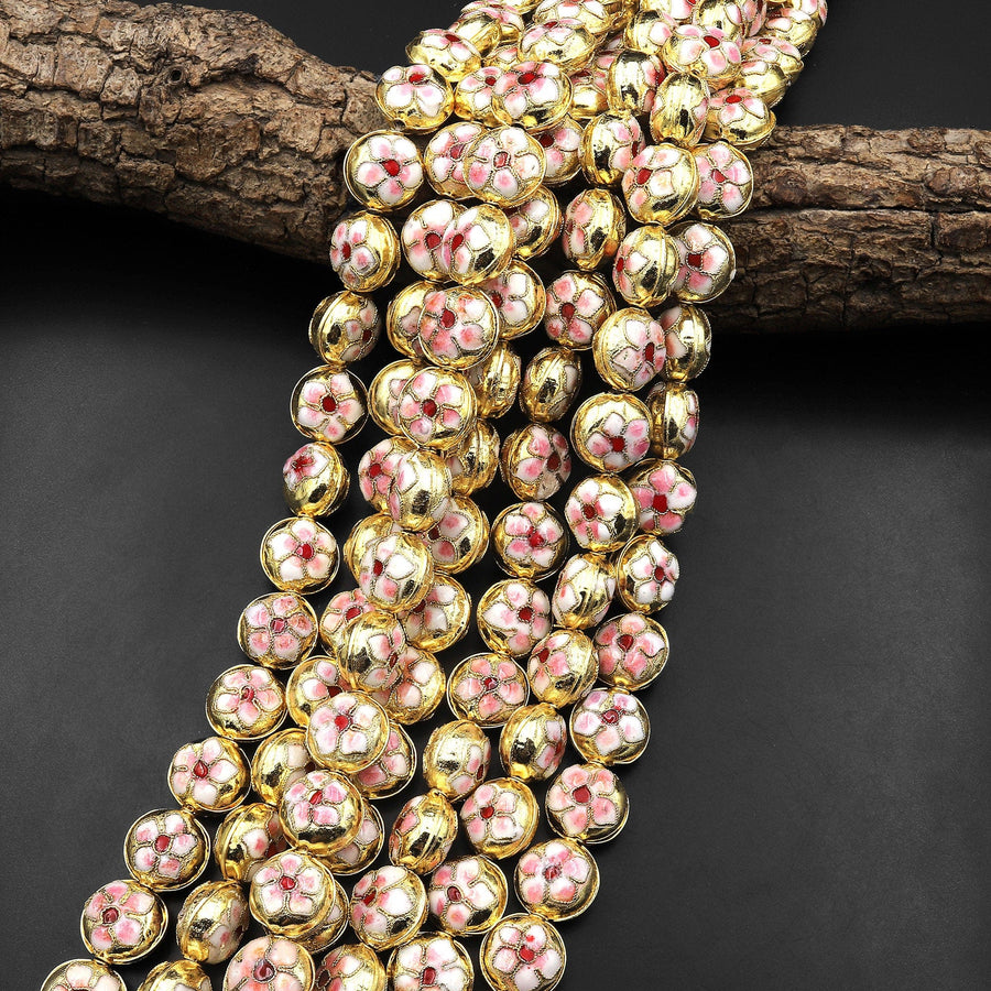 Gold Pink Cloisonné Coin Beads 14mm Decorative Floral Copper Enamel 15.5" Strand