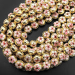Gold Pink Cloisonné Coin Beads 14mm Decorative Floral Copper Enamel 15.5" Strand