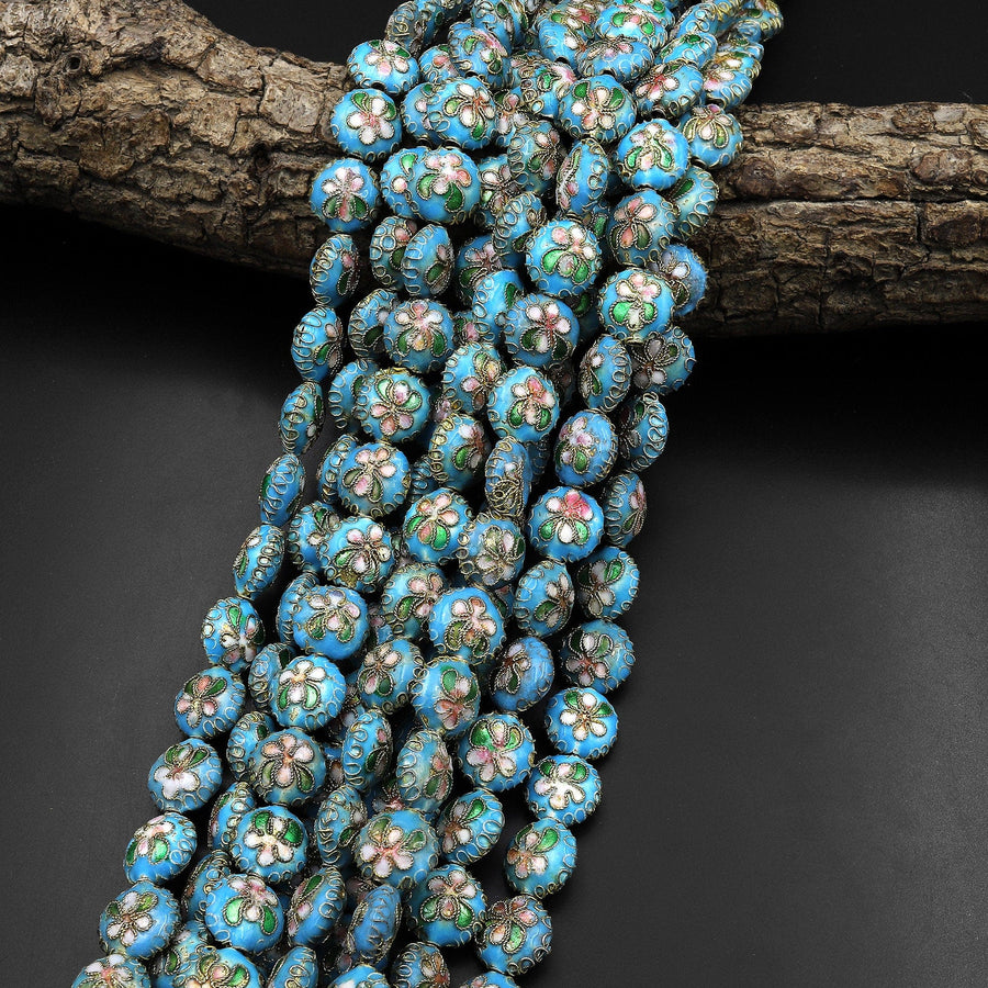 Aqua Blue Cloisonné Coin Beads 12mm Decorative Floral Enamel 15.5" Strand