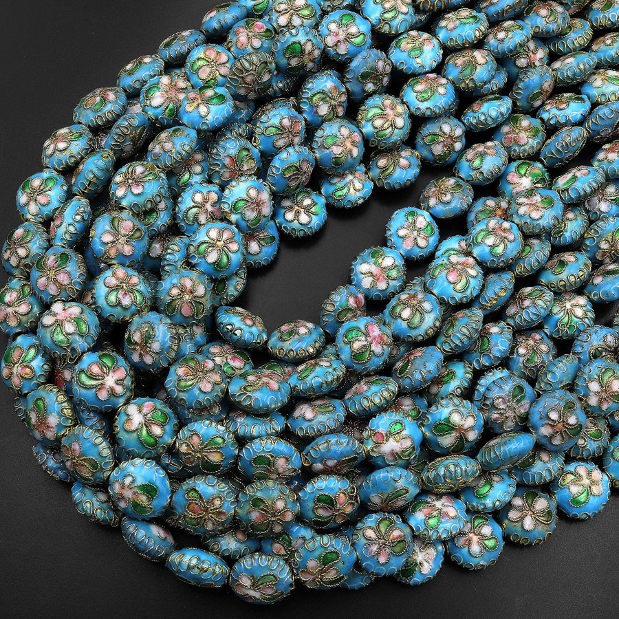 Aqua Blue Cloisonné Coin Beads 12mm Decorative Floral Enamel 15.5" Strand