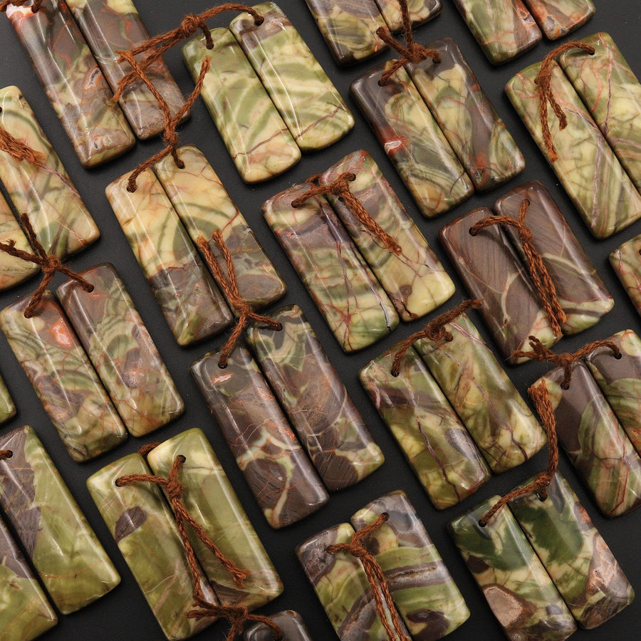 Natural Mushroom Rhyolite Jasper Matched Rectangle Gemstone Earring Bead Pair