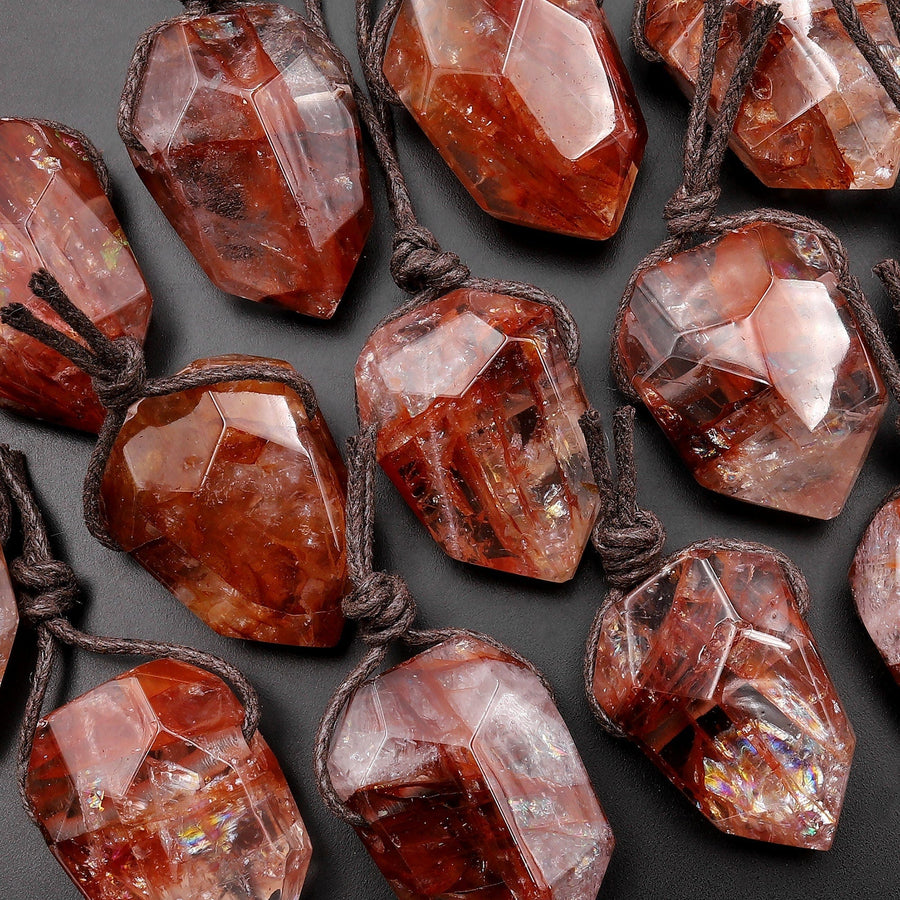 Faceted Natural Red Lepidocrocite Quartz Point Pendant Side Drilled Gemstone Crystal Pendulum