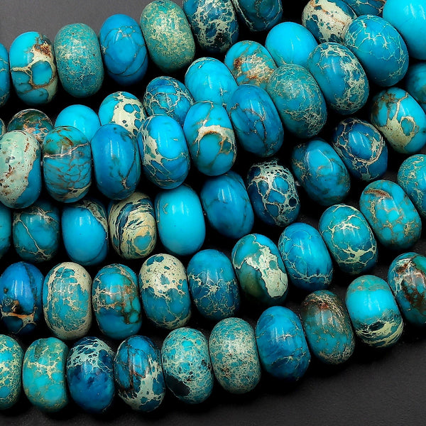 Large Hole Beads Blue Impression Jasper 8mm 10mm Rondelle Beads Aka Snake Skin Jasper Aqua Terra Jasper 8" Strand