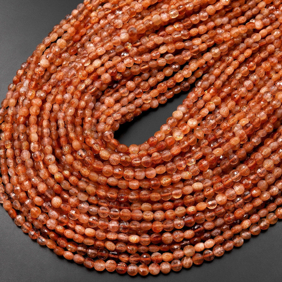 AAA Fiery Natural Sunstone Faceted 4mm Coin Beads 15.5" Strand