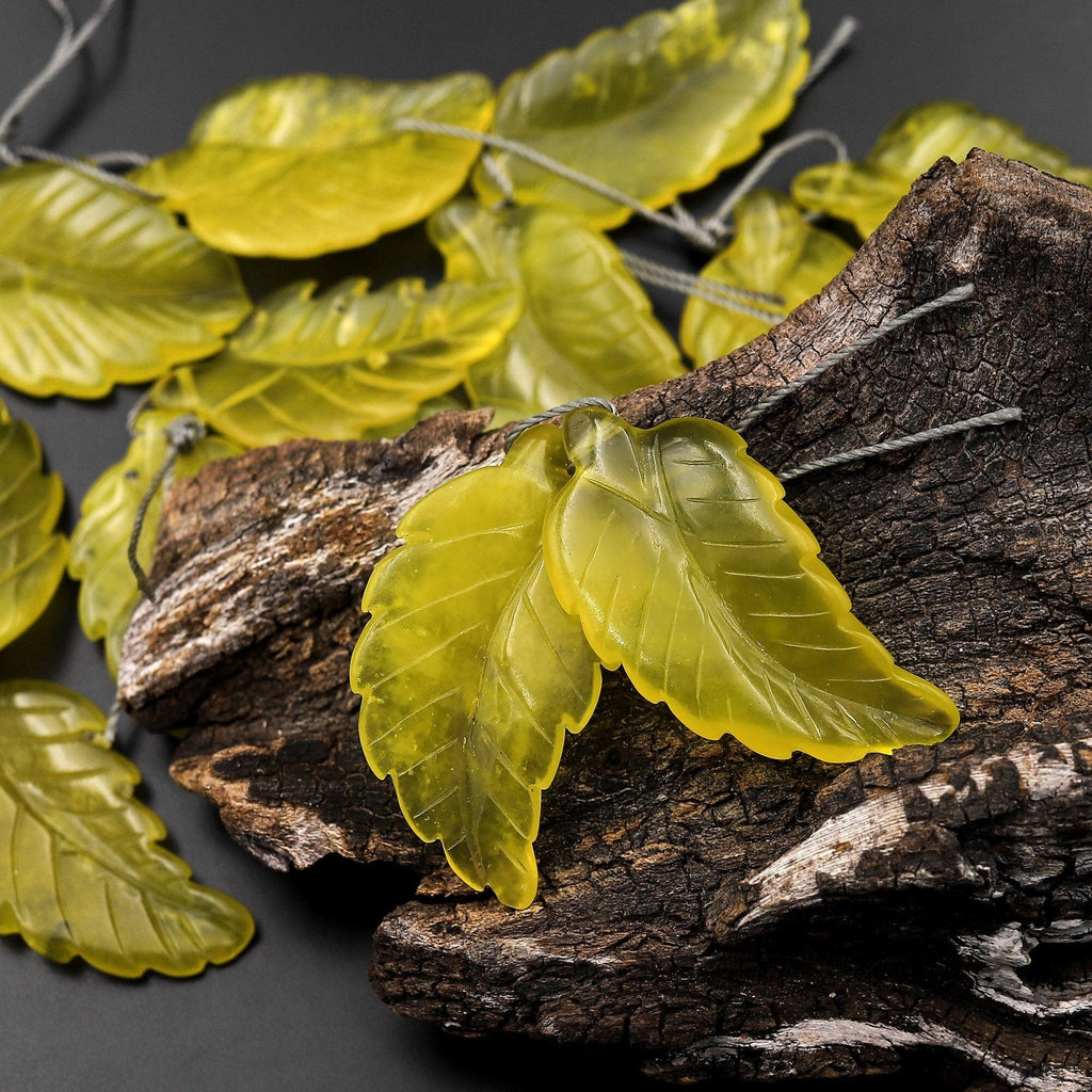 Hand Carved Natural Yellow Olive Jade Leaf Earring Pair Drilled Gemstone Matched Beads A1