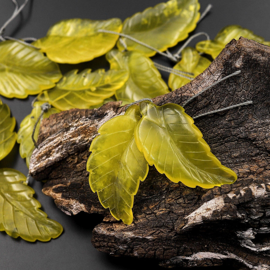 Hand Carved Natural Yellow Olive Jade Leaf Earring Pair Drilled Gemstone Matched Beads A1