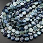 Rare Bicolor Natural Silvery Blue Green Kyanite 6mm 8mm 10mm 12mm 14mm Smooth Coin Beads 15.5" Strand
