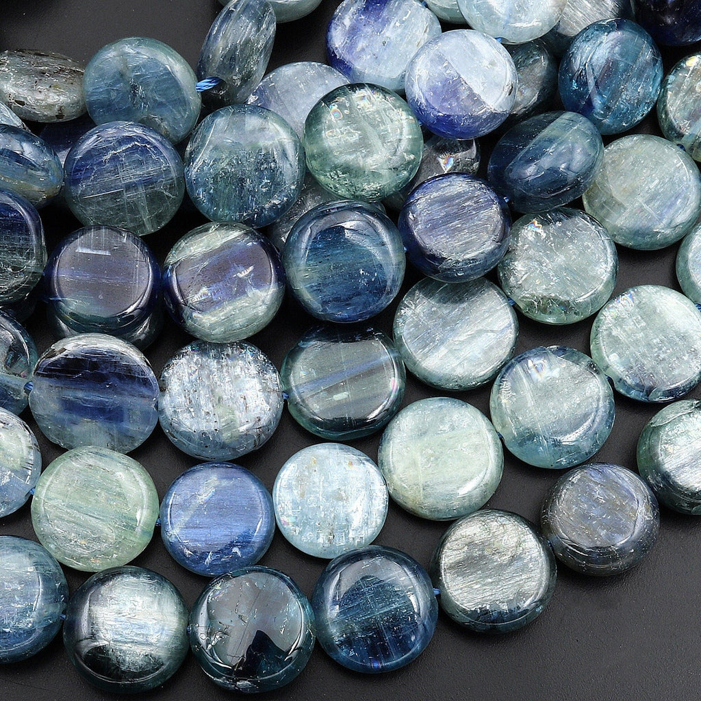 Rare Bicolor Natural Silvery Blue Green Kyanite 6mm 8mm 10mm 12mm 14mm Smooth Coin Beads 15.5" Strand