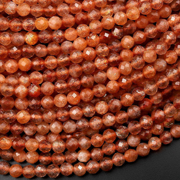 AAA Faceted Natural Sunstone Round Beads 4mm Orange Gold Gemstone 15.5" Strand