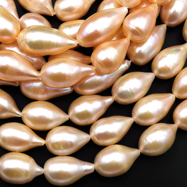 AAA Large Natural Peach Teardrop Pearl Good For Earrings Vertically Drilled 15.5" Strand