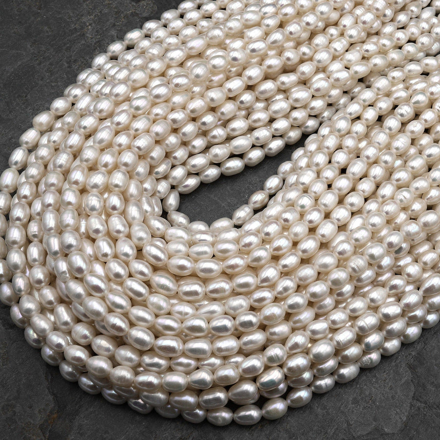 Genuine White Freshwater Potato Oval Rice 7x5mm Pearl Shimmery Iridescent Classic White Pearl 15.5" Strand