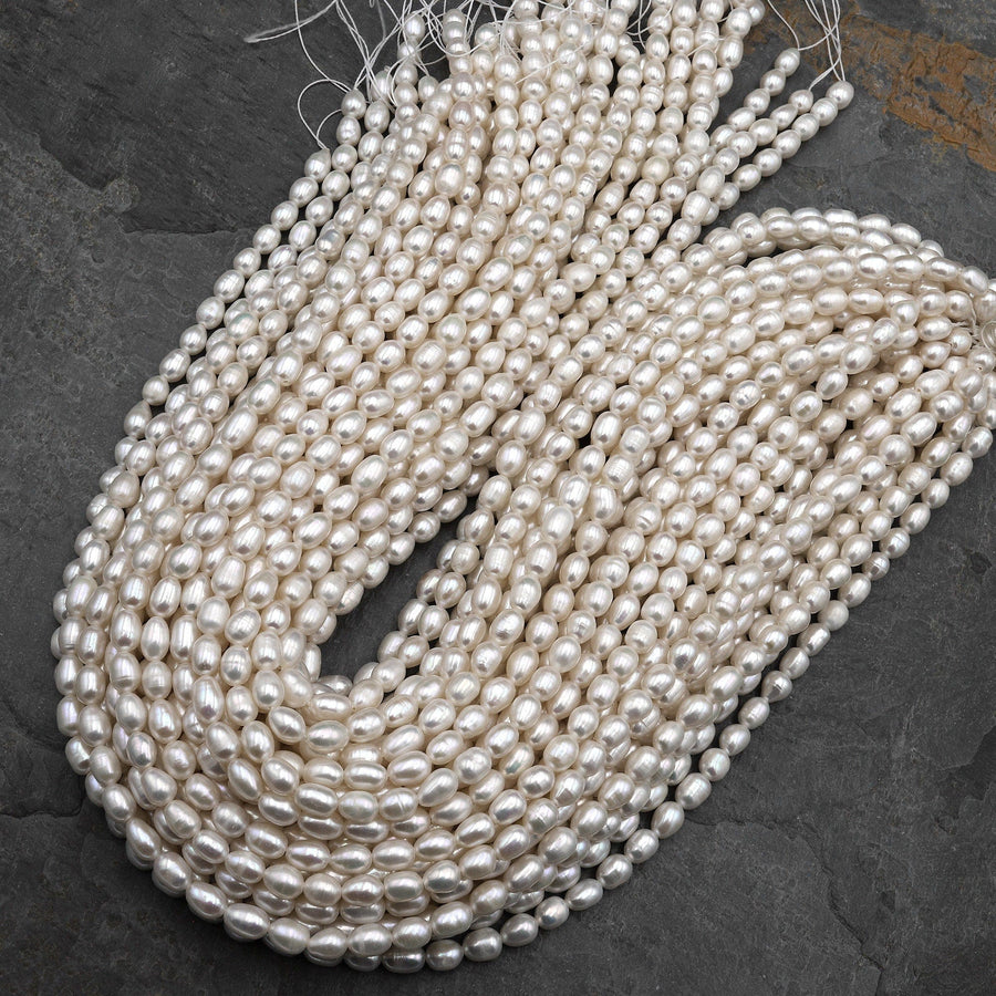 Genuine White Freshwater Potato Oval Rice 7x5mm Pearl Shimmery Iridescent Classic White Pearl 15.5" Strand