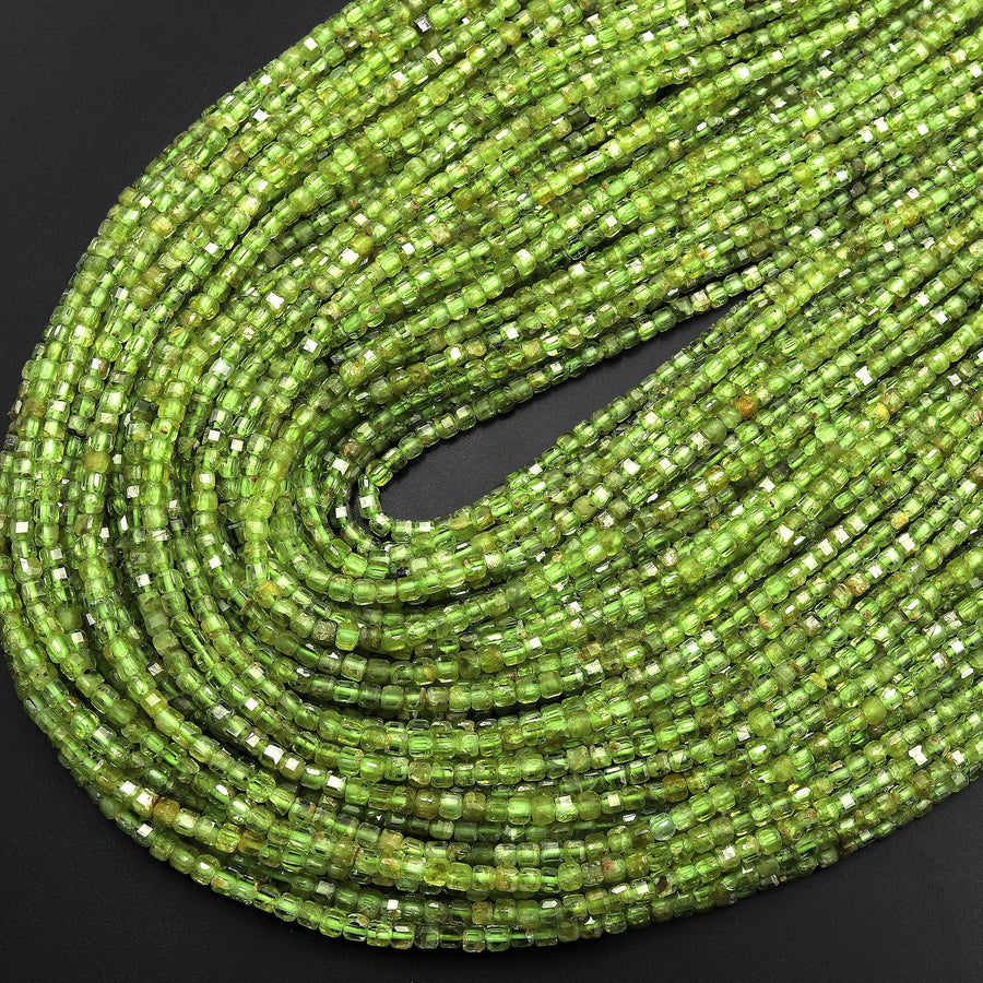 Natural Green Peridot Micro Faceted 2mm Gemstone Cube Dice Square Beads 15.5" Strand