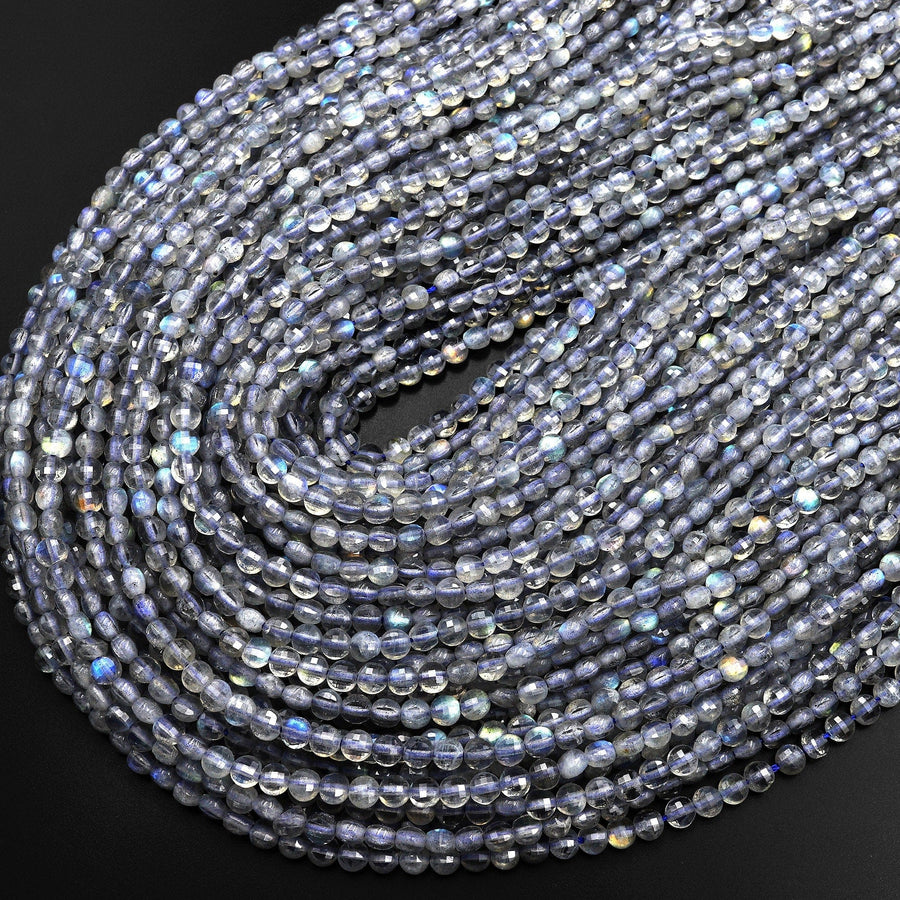 AAA Faceted Labradorite Coin Beads 3mm 4mm 15.5" Strand
