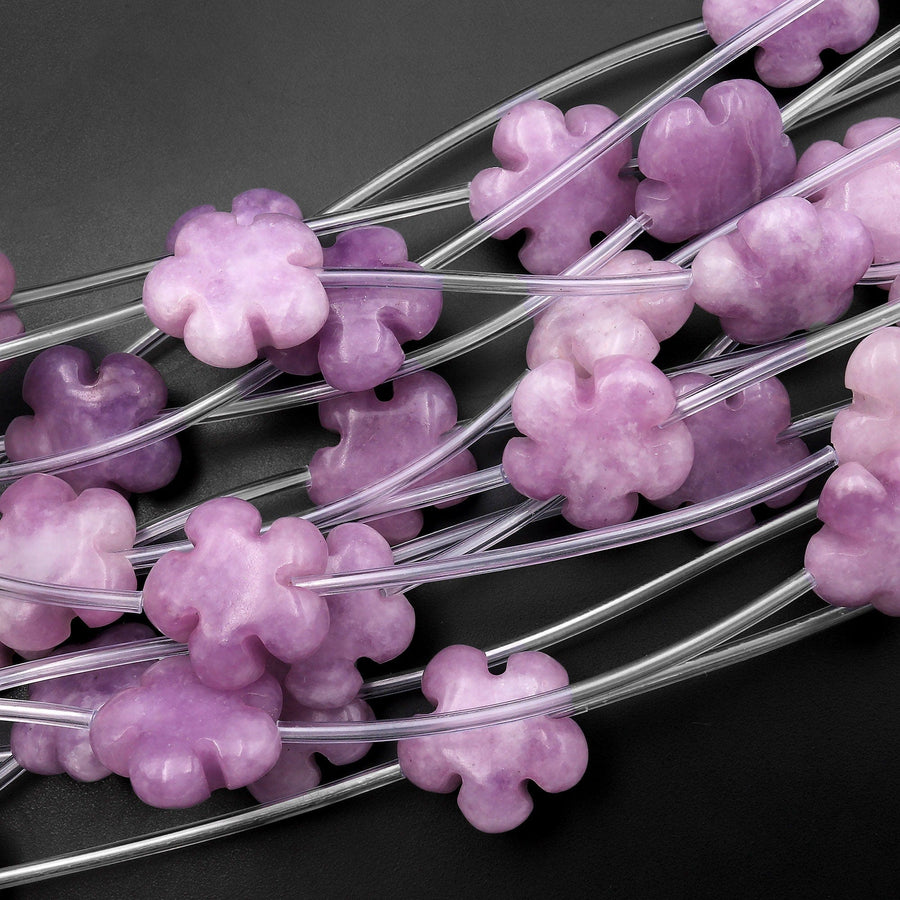 Natural Purple Lepidolite Carved Cherry Blossom Flower Gemstone Beads 15mm