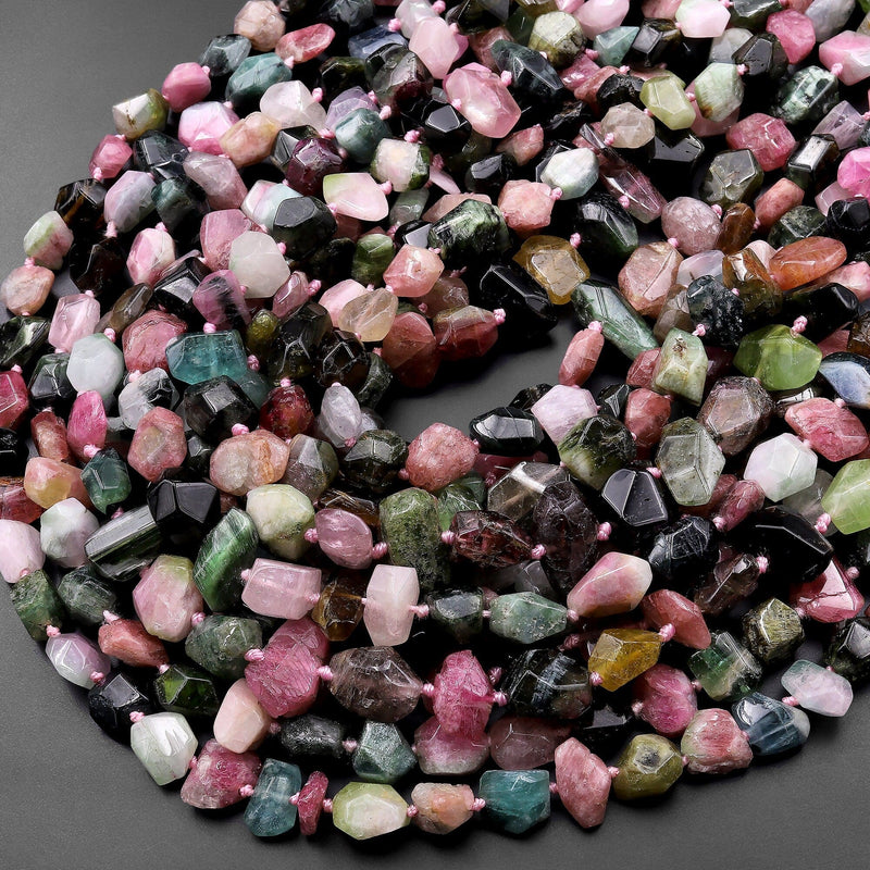 Faceted Natural Pink Green Watermelon Tourmaline Nugget Beads 15.5" Strand