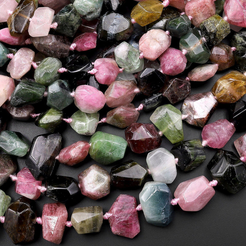 Faceted Natural Pink Green Watermelon Tourmaline Nugget Beads 15.5" Strand