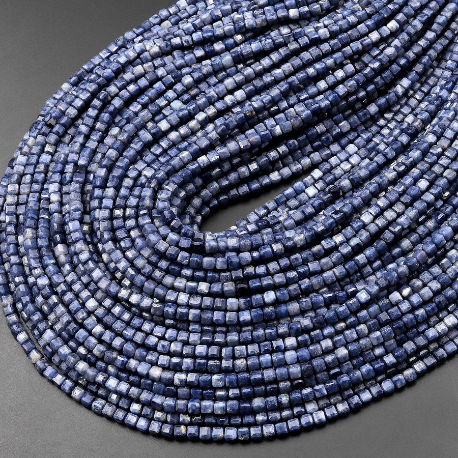 Natural Blue Sapphire Faceted Gemstone Cube Beads 2mm 15.5" Strand