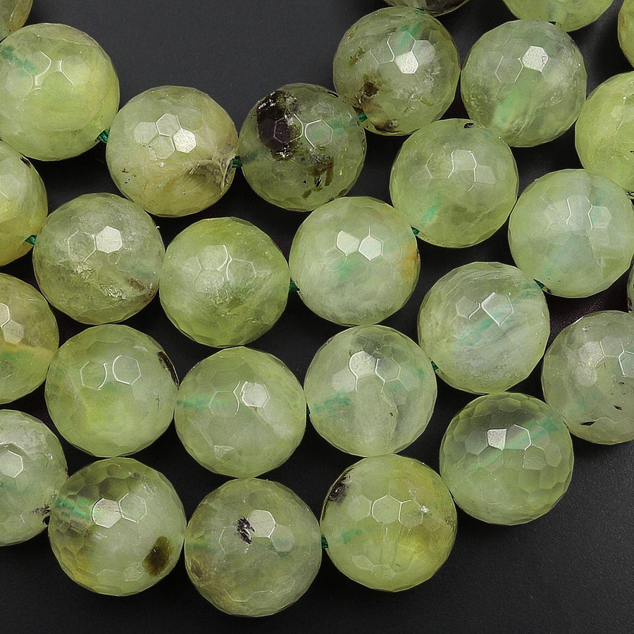 AAA Extra Translucent Faceted Natural Soft Green Prehnite 12mm Round Beads 15.5" Strand
