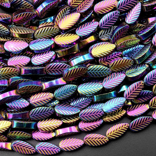 Small Rainbow Hematite Carved Leaf Beads Gemstone 15.5" Strand