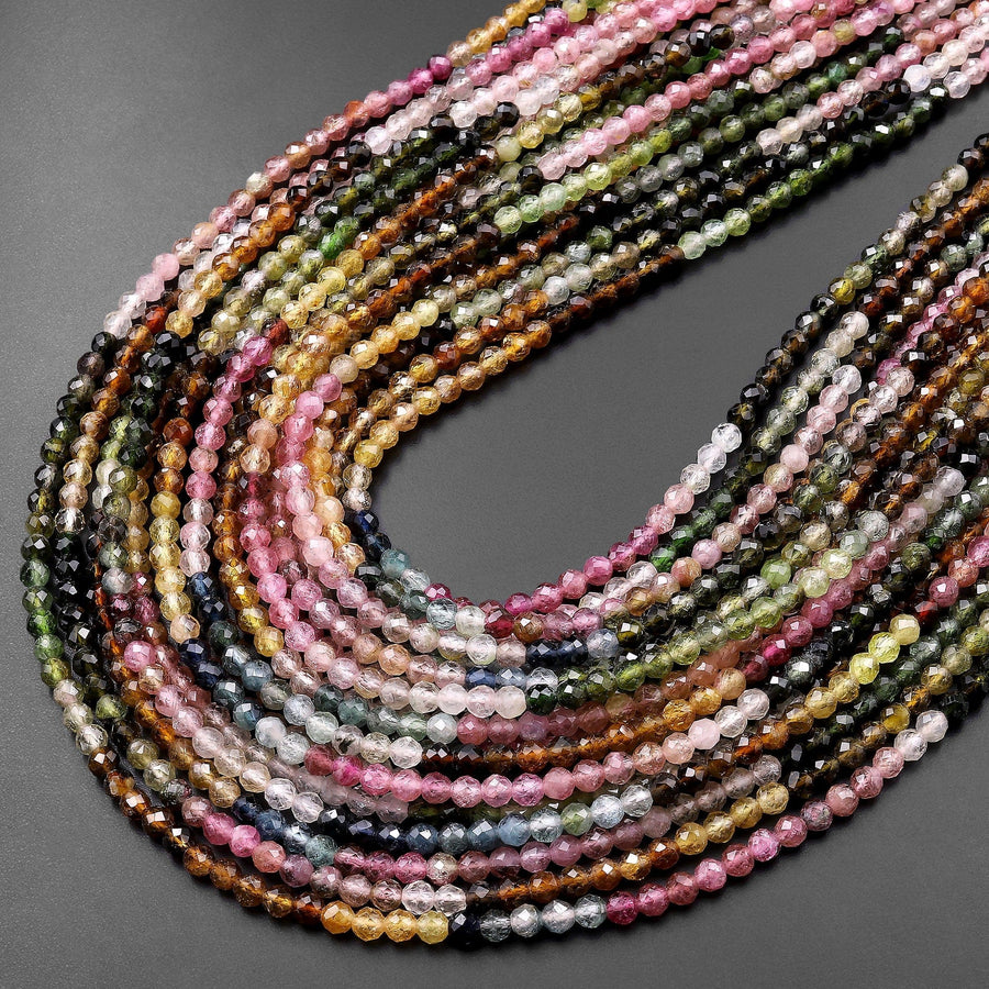 AAA Natural Multicolor Pink Green Cognac Tourmaline Micro Faceted 3mm Round Gemstone Beads 15.5" Strand