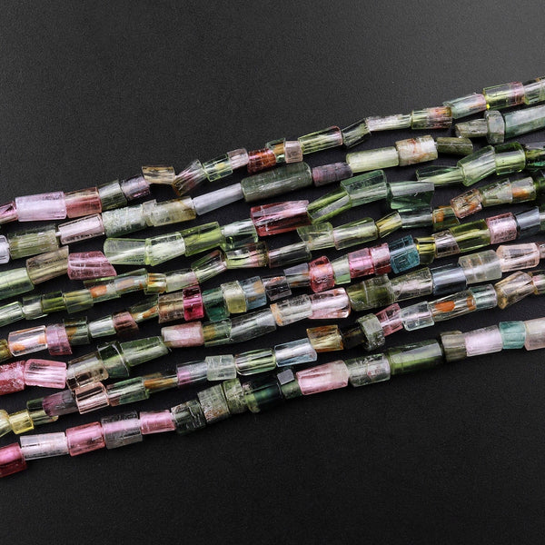 Natural Green Pink Watermelon Tourmaline Small Thin Tube Beads 15.5" Strand