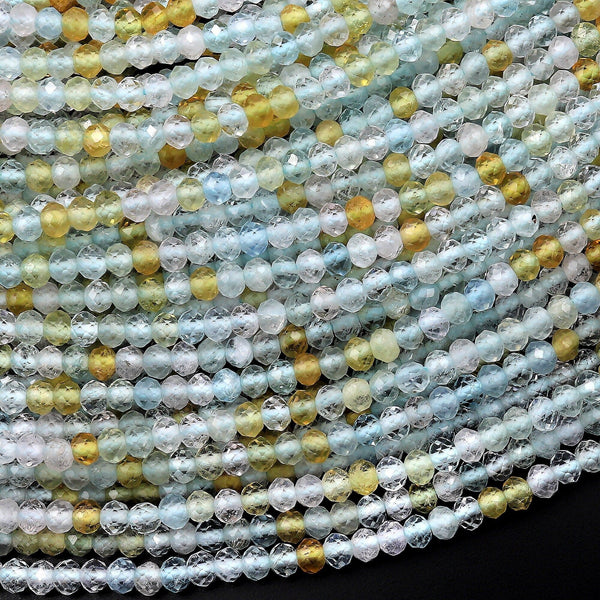 AAA Faceted Blue Yellow Pink Aquamarine 3mm Rondelle Beads Gemstone 15.5" Strand