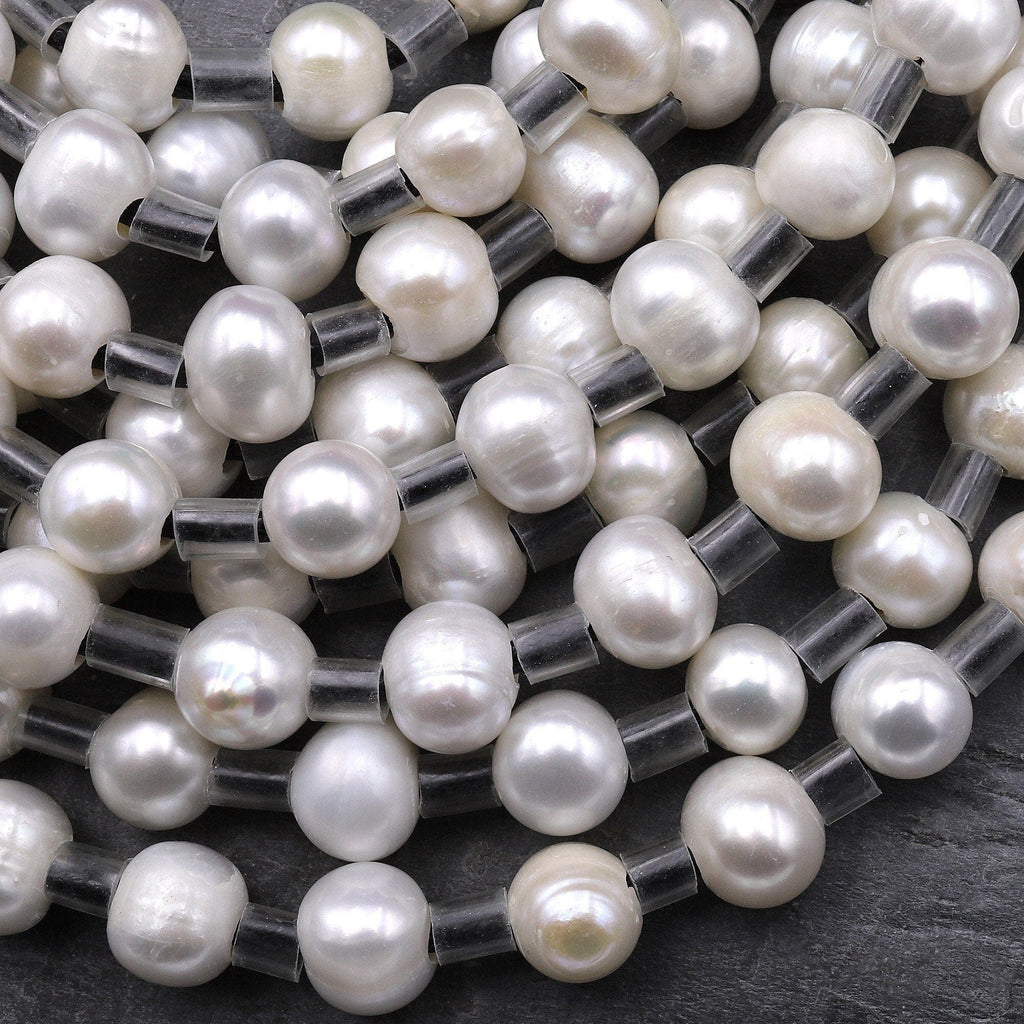 Large Hole Pearls Beads Genuine White Freshwater Pearl 10mm Off Round 7.5" Strand