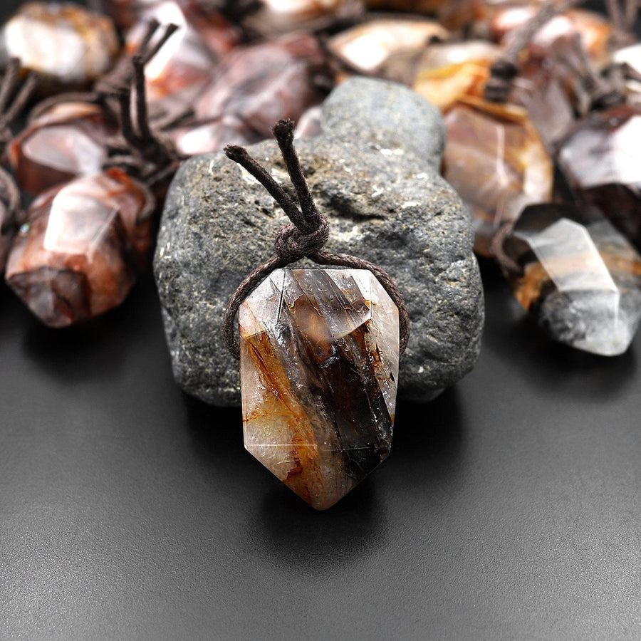 Faceted Natural Brown Rusty Red Lepidocrocite Quartz Point Pendant Side Drilled Gemstone Focal Bead Crystal Pendulum