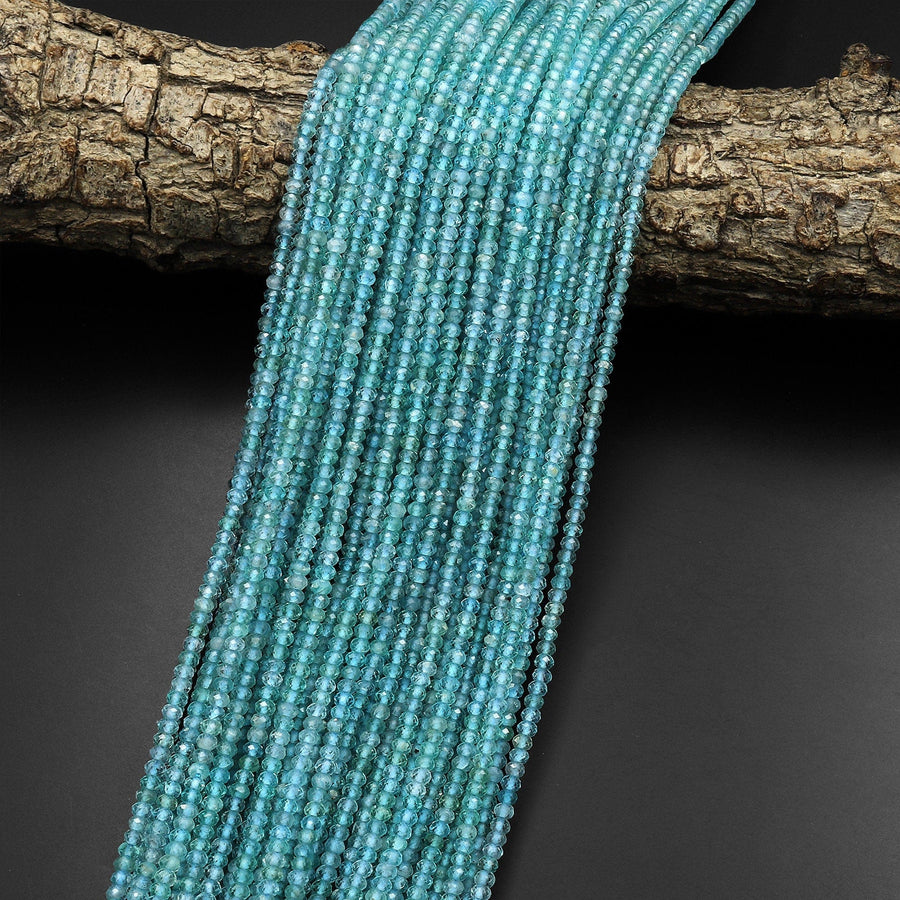 AAA Micro Faceted Natural Teal Blue Apatite 3mm Rondelle Beads 15.5" Strand