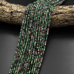 Faceted Natural Pink Ruby Green Zoisite 2mm Round Beads Laser Diamond Cut Gemstone 15.5" Strand